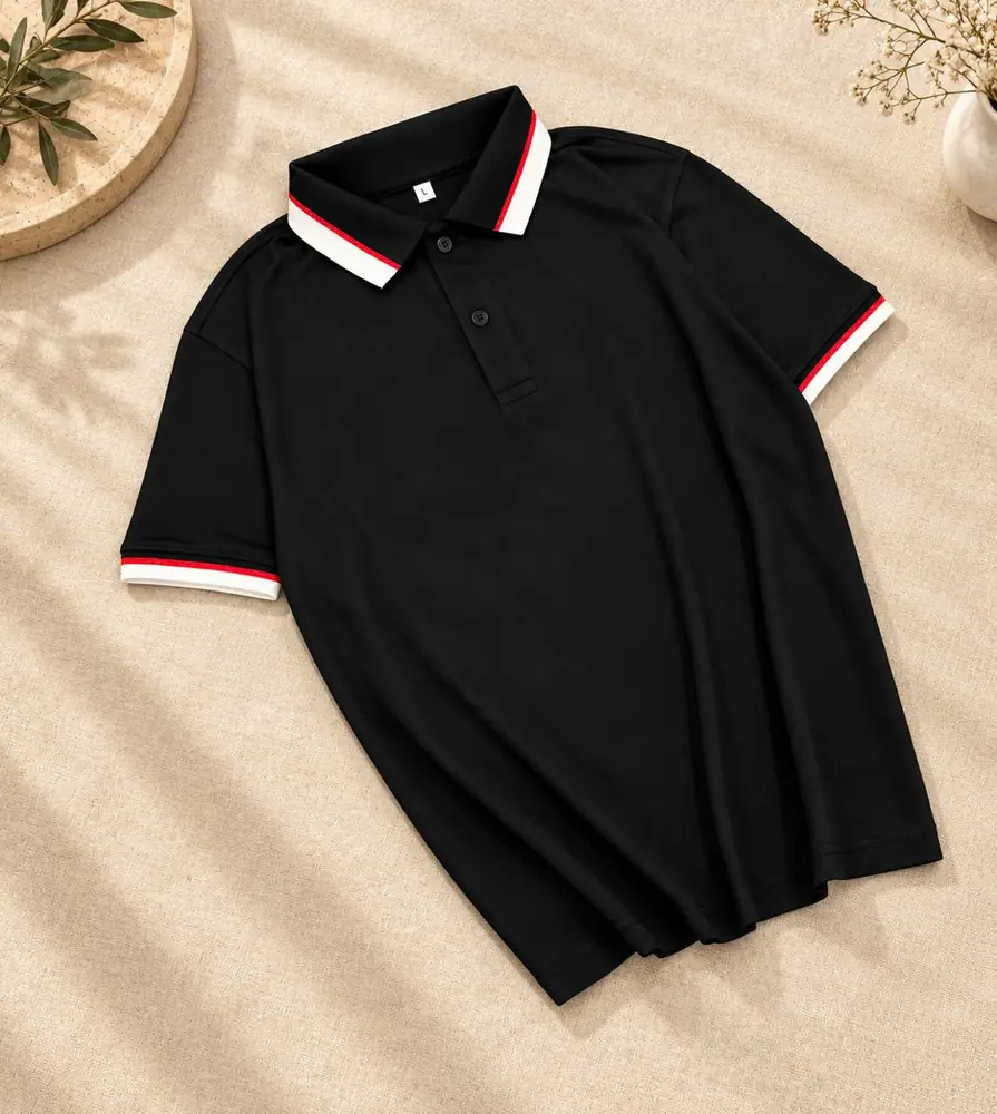 Áo polo sỉ màu đen bo cổ sọc