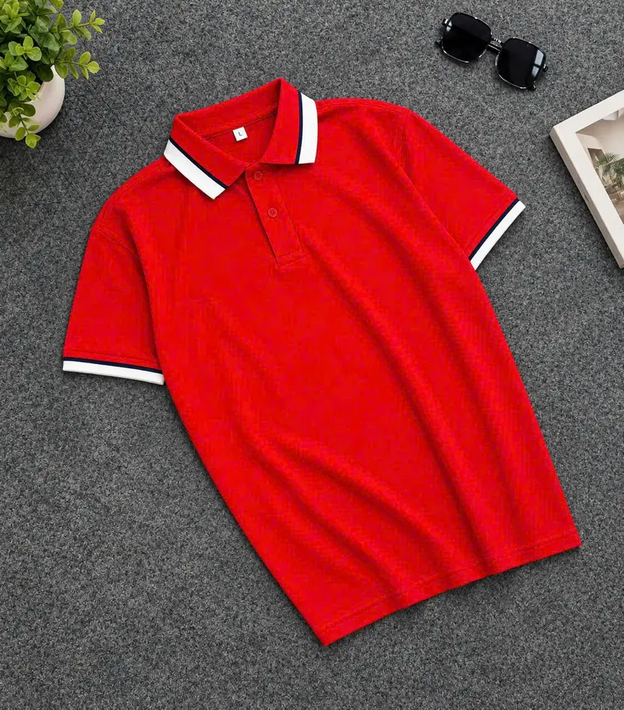Áo polo sỉ màu đỏ bo cổ sọc