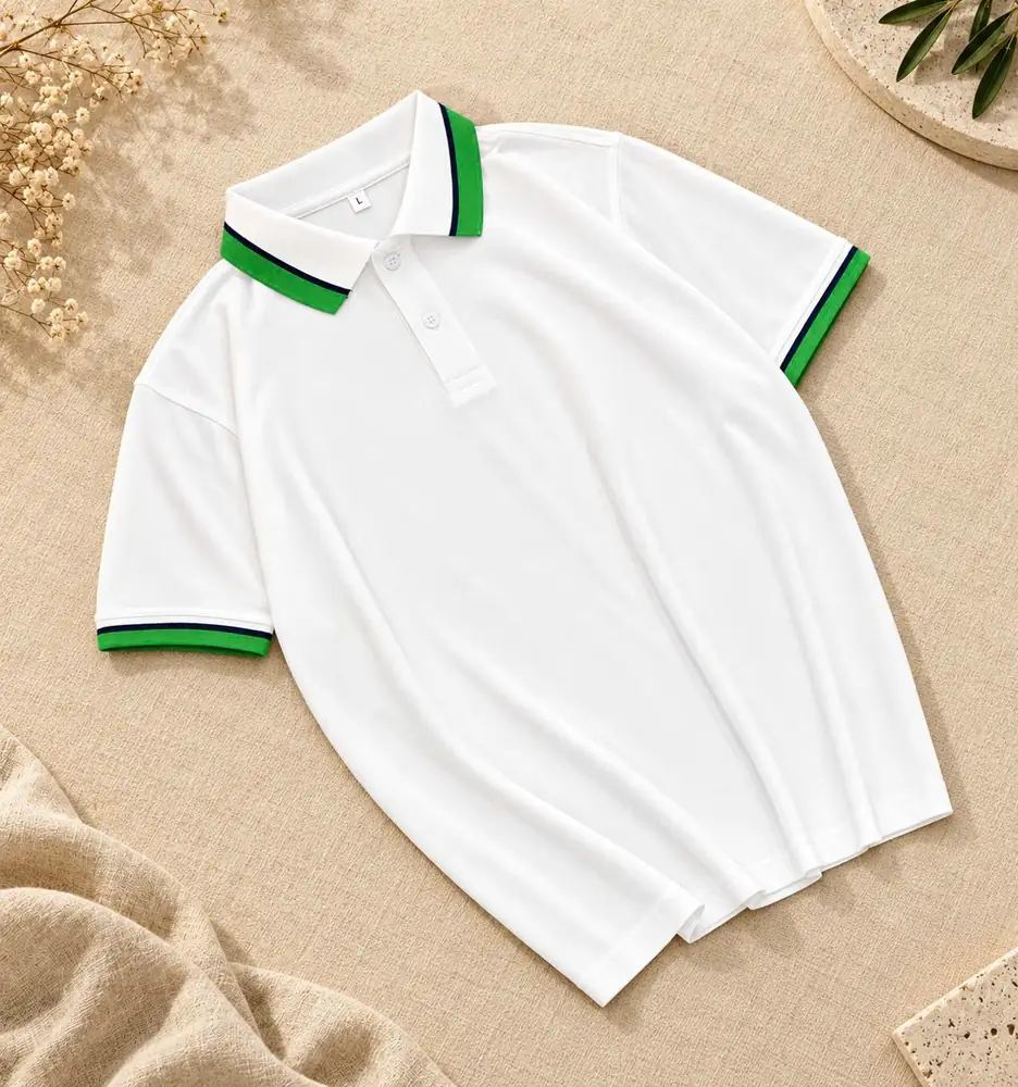 Áo polo sỉ màu trắng bo cổ xanh lá