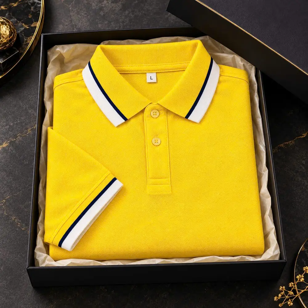 Áo polo sỉ màu vàng bo cổ đen