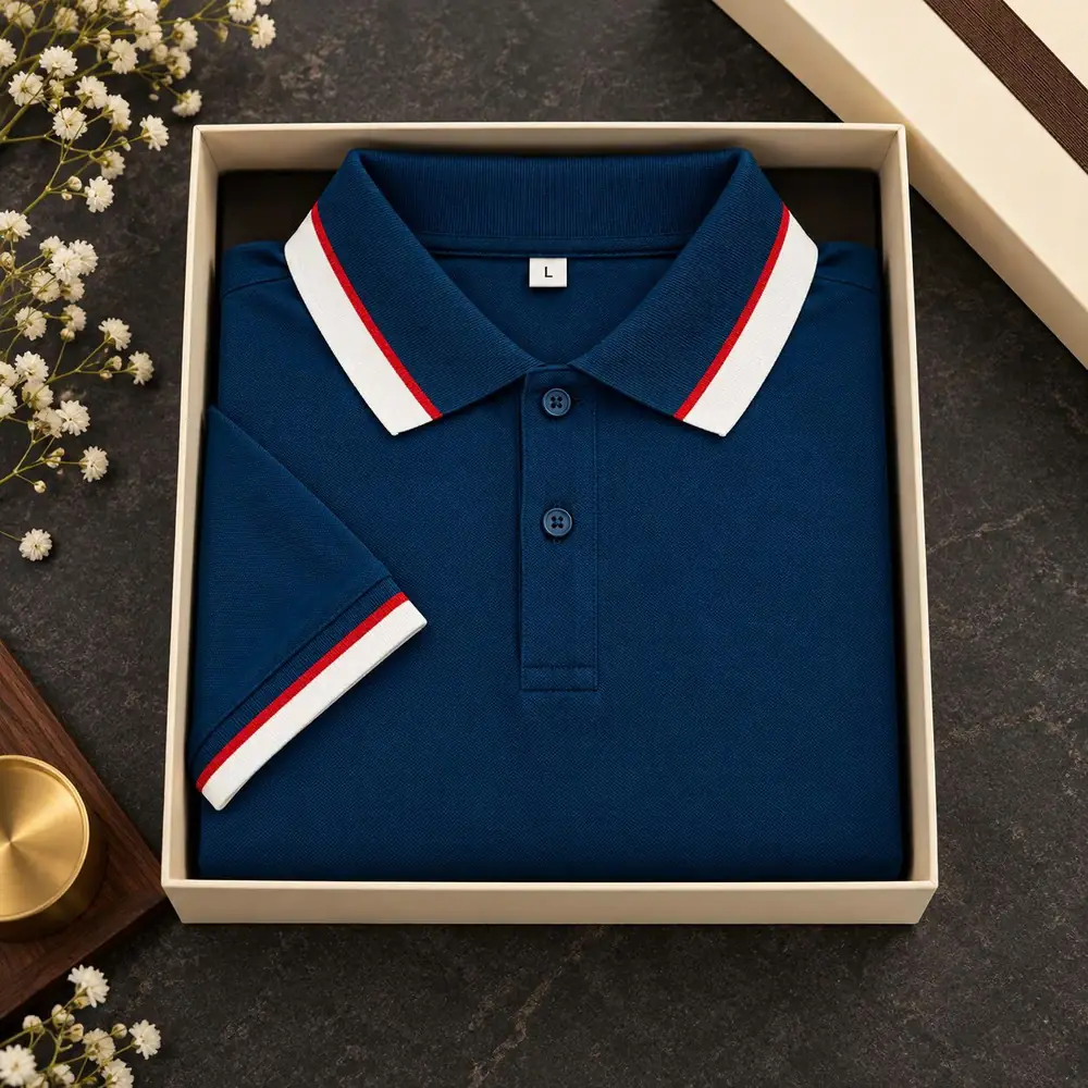 Áo polo sỉ màu xanh navy bo cổ sọc đỏ trắng