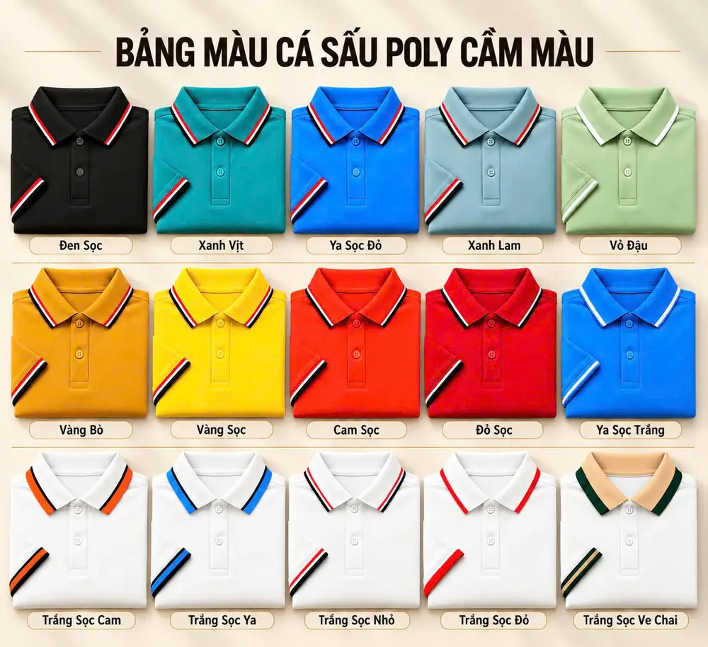 Bảng màu áo polo cá sấu poly phối bo cổ